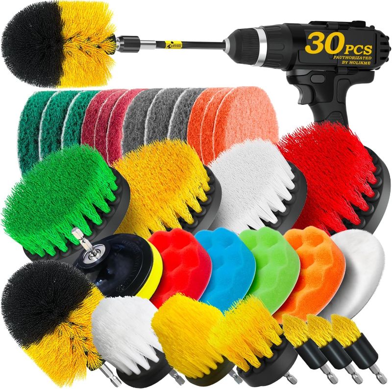 Photo 1 of Holikme 30Pack Drill Brush Attachments Set,Scrub Pads & Sponge, Power Scrubber Brush with Extend Long Attachment All Purpose Clean for Grout, Tiles, Sinks, Car Polishing Pads
