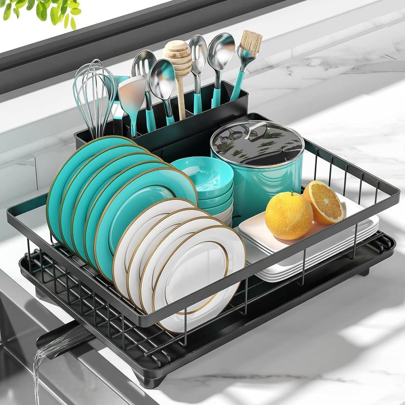 Photo 1 of MERRYBOX Dish Drying Rack Dish Racks for Kitchen Counter Sink with Drainboard Black Rustproof Drying Rack Kitchen Dish Drainer with Widened Leak-Proof Spout, Large 3-Compartment Utensil Holder

