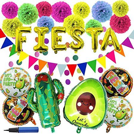 Photo 1 of Ottoy 27 PCS Cinco De Mayo Fiesta Party Decoration Supplies with Cactus Avocado Fiesta Balloons Tissue Pom Paper Flowers Triangular Pennants Circle
