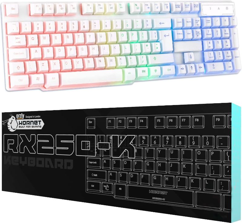 Photo 1 of Orzly White Gaming Keyboard RGB USB Wired Rainbow Keyboard Designed for PC Gamers, PS4, PS5, Laptop, Xbox, Nintendo Switch, RX-250 Hornet Edition
