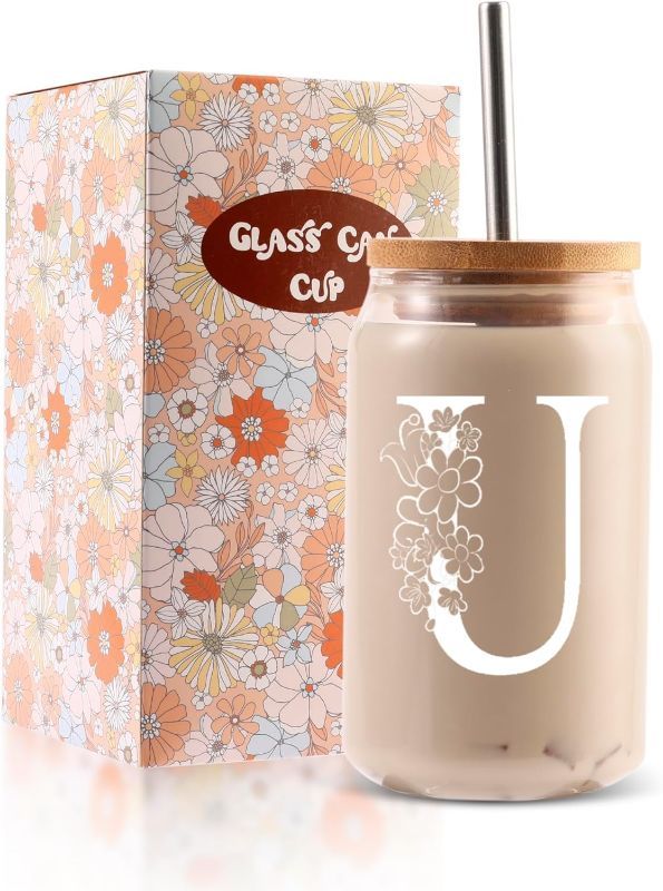 Photo 1 of Initial Glass Cup, Monogrammed Gifts for Women, 16 oz Glass Cups with Lids and Straws, Iced Coffee, Smoothie, Beer Glass Tumbler w/Straw Lid - Personalized Mothers Day, Birthday Gifts for Her Mom (U)
