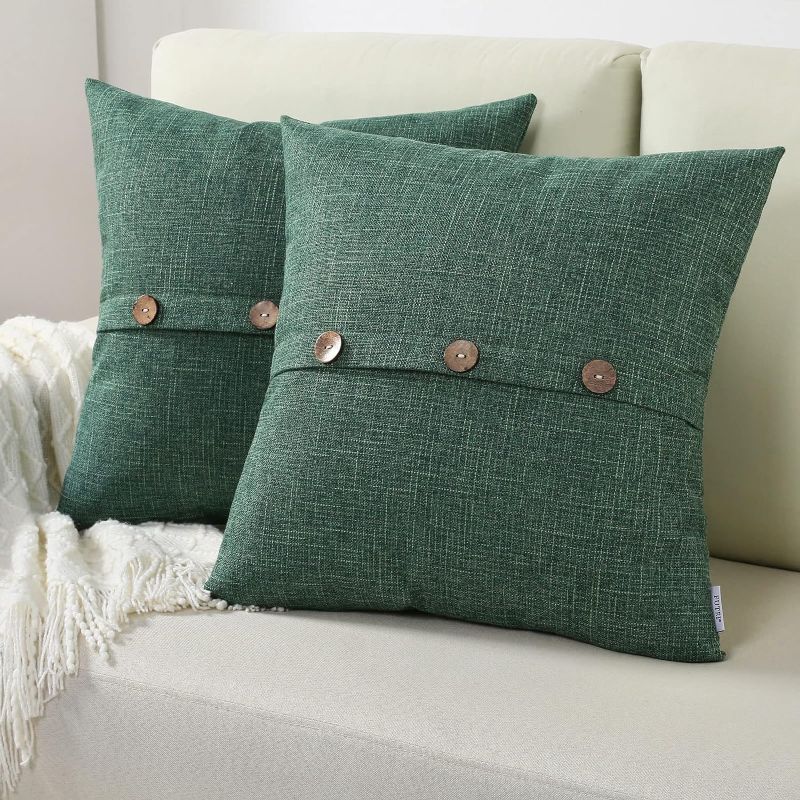 Photo 1 of Emerald Green Linen Decorative Throw Pillow Covers 18x18 Inch Set of 2, Square Cushion Case with Vintage Button/Zipper,Modern Farmhouse Home Decor for Couch,Bed
