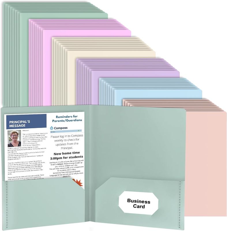 Photo 1 of 48 Pack Colored File Folders with Pockets and Business Card Holder, Pastel Decorative Pocket Folders for Documents, Cute Plastic Folders for Filing Cabinet, School, Office, Resume Portfolio
