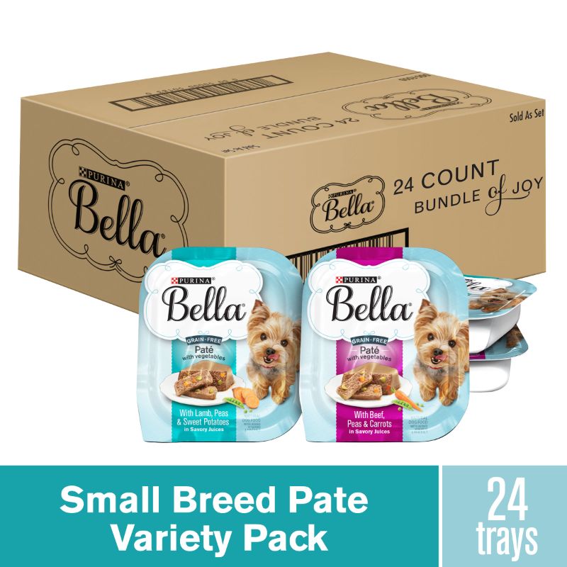 Photo 1 of (24 Pack) Purina Bella Grain Free Natural Small Breed Pate Wet Dog Food Variety Pack Lamb & Beef 3.5 Oz. Trays
