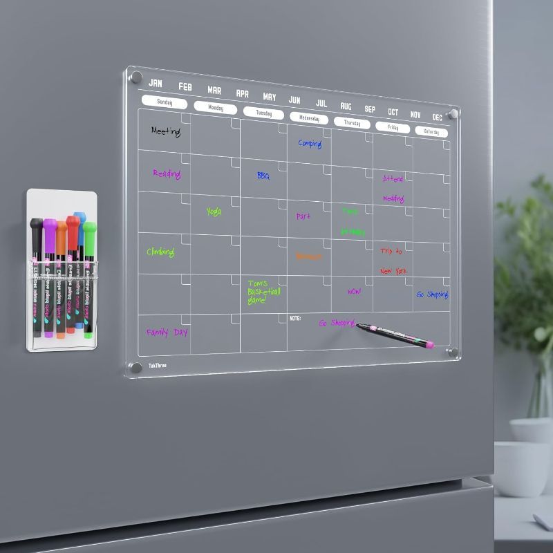Photo 1 of Magnetic Fridge Calendar, Clear Acrylic Magnetic Calendar for Fridge, 16"x12" Reusable Dry Erase Calendar, Equipped with 6 Colored Dry Erase Marker Pens and a Magnetic Pen Holder
