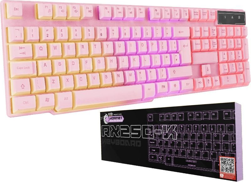 Photo 1 of Orzly Pink Gaming Keyboard RGB USB Wired Rainbow Keyboard Designed for PC Gamers, PS4, PS5, Laptop, Xbox, Nintendo Switch, RX-250 Hornet Edition
