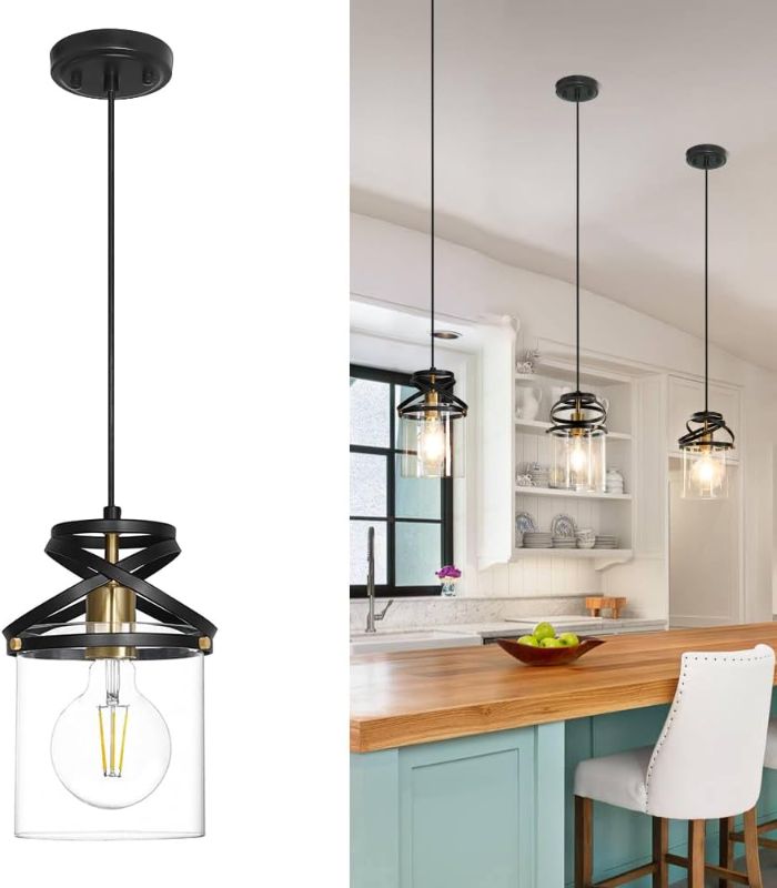 Photo 1 of Black Pendant Lights Kitchen Island, Modern Pendant Light Fixture with Clear Glass Shade, Farmhouse Kitchen Pendant Lighting over Island, Pendant Lamp with 6ft Adjustable Cable for Dining Room,Sink