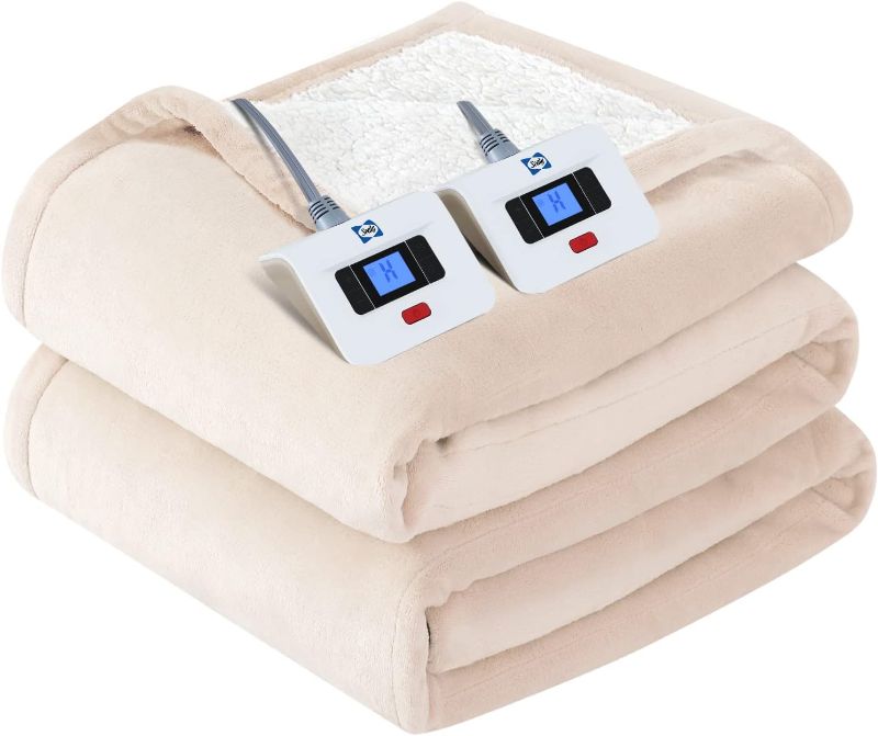Photo 1 of SEALY Electric Blanket Queen Size, Flannel & Sherpa Heated Blanket with 10 Heat Setting & 1-12 Hour Auto Shut Off, Fast Heating Blanket, Machine Washable, Beige, 84 x 90 Inch
