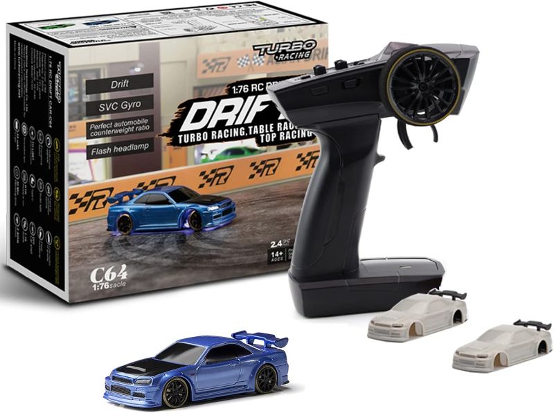 Photo 1 of Turbo Racing 1:76 Scale Drift RC Car with Gyro Mini Full Proportional RTR 2.4GHZ Remote Control with 2 Replaceable Body Shell (C64-BLUE)
