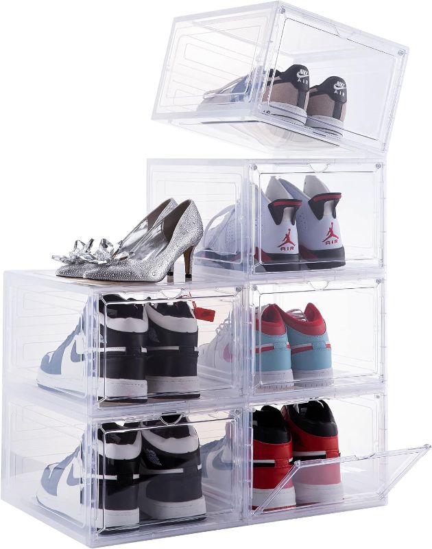 Photo 1 of Attelite Drop Front Plastic Shoe Box with Clear Door,Set of 6,Stackable,For Display Sneakers,Easy Assembly,Fit up to US Size 12(13.4”x 10.6”x 7.4”)

