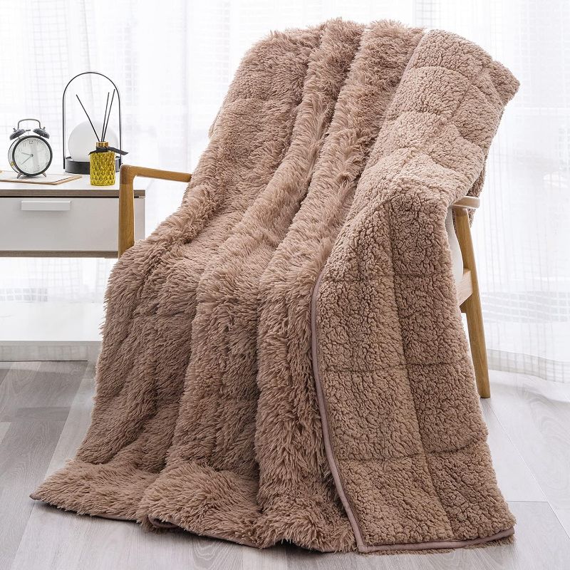 Photo 1 of Wemore Shaggy Long Fur Faux Fur Weighted Blanket,Cozy and Fluffy Plush Sherpa Long Hair Blanket for Adult 20lbs,Fluffy Fuzzy Sherpa Reverse Heavy Blanket for Bed,Couch, Brown 60 x 80 Inches
