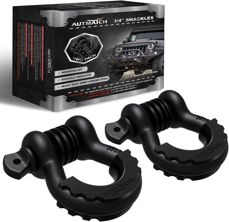 Photo 1 of AUTMATCH D Ring Shackle 3/4" Shackles (2 Pack) 41,887Ibs Break Strength with 7/8" Screw Pin and Shackle Isolator Washers Kit for Tow Strap Winch Off Road Vehicle Recovery, Matte Black
