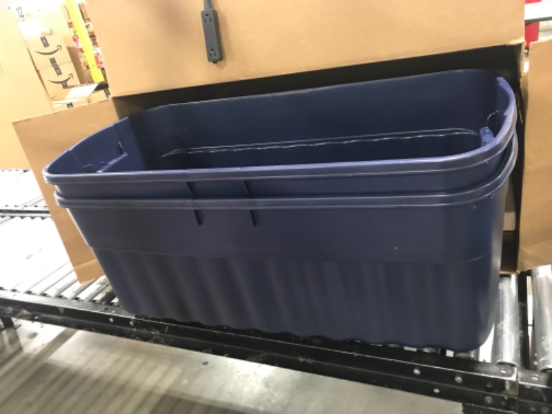 Photo 2 of Rubbermaid Roughneck? Storage Totes 50 Gal, Large Durable Stackable Storage Containers, Great for Basement, Attic, Garage Storage, and More, 2-Pack Dark Indigo Metallic 50 Gal - 2 Pack
