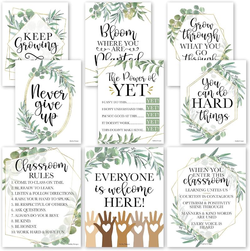 Photo 1 of Hadley Designs 9 Eucalyptus Classroom Decor Signs, Welcome Sign For Bulletin Board Decorations, Growth Mindset Classroom Posters Elementary, Middle School Classroom Rule

