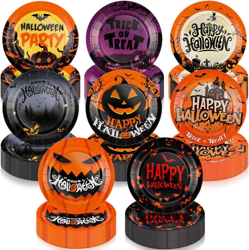 Photo 1 of Fulmoon 144 pieces Halloween Paper Plates Horror Pumpkin Disposable Plates Dessert Plates Disposable for Halloween Party Lunch Appetizer Table Decoration Supplies, 8 Styles (7 Inch)
