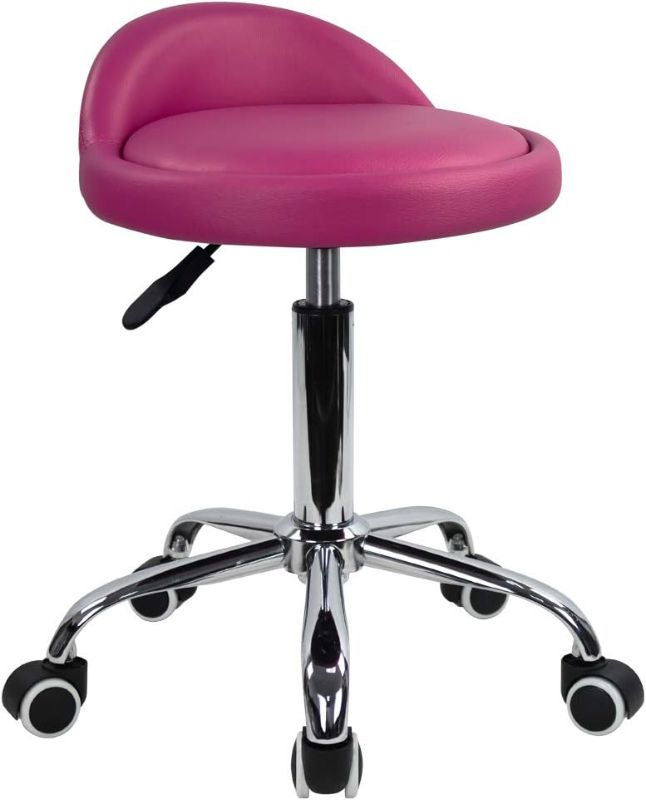 Photo 1 of KKTONER PU Leather Round Rolling Stool with Back Rest Height Adjustable Swivel Drafting Work SPA Task Chair with Wheels (Rose red)
