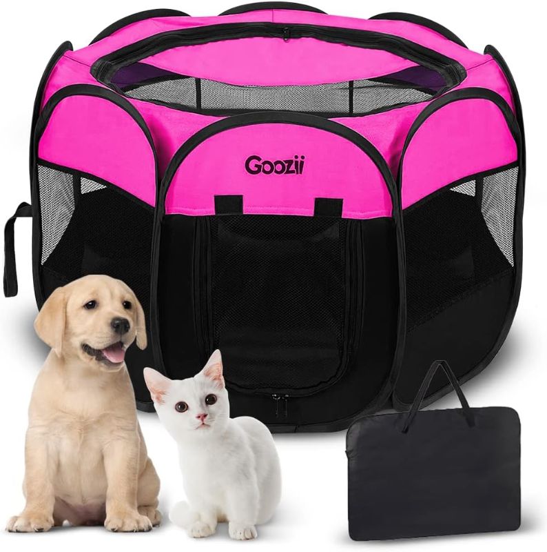 Photo 1 of Portable Dog Playpen for Small Dogs Indoor Outdoor, Foldable Pet Puppy Playpens Kennel Tent with Top Cover Door for House Cat Kitty for Dog Lover as (Medium Size, Pink)
