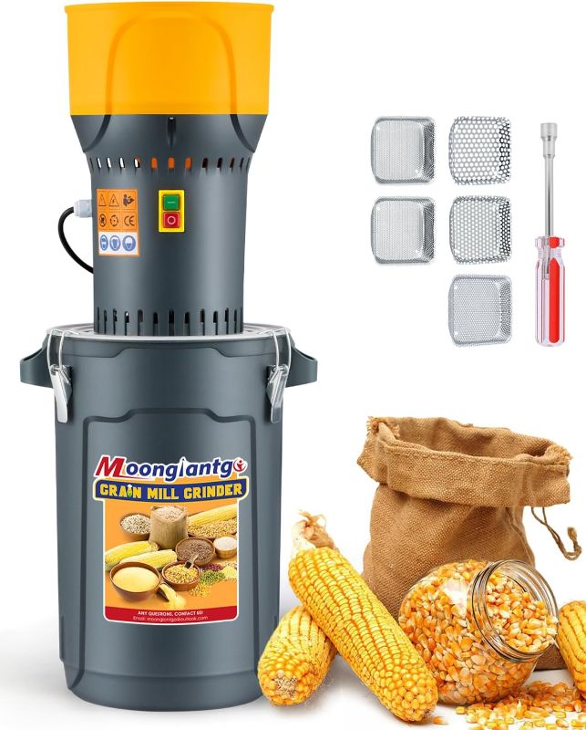 Photo 1 of Moongiantgo Grain Mill Grinder Electric Corn Grinder 1300W Feed Mill Dry Cereals Grinder Detachable 6.6 Gal Bucket & Hopper, with 5 Sieves + 1 Socket Wrench, Molino de Maiz, 110V (25L)
