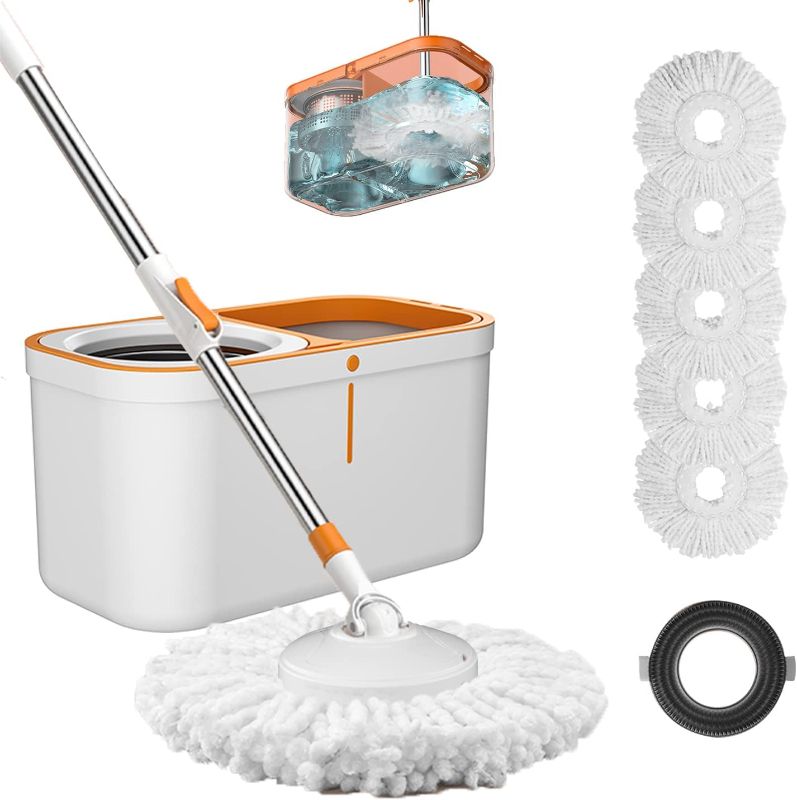 Photo 1 of Floor Spin Mop and Bucket Set with Wringer System Extended Stainless Steel Handle 61?for Home Floor Cleaning Use with 5 Replacement Head Refill and 1 Cleaning Brush Head
