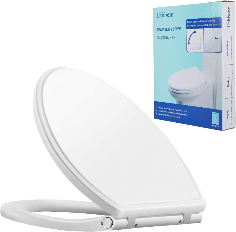 Photo 1 of Hibbent Premium Round Toilet Seat with Cover Quiet Close, One-Click to Quick Release, Easy Installation Non-Slip Seat Bumpers, Slow Close Toilet Seat and Cover, Easy Cleaning-White Color
