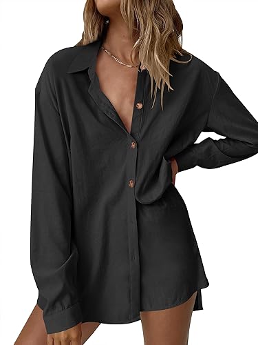 Photo 1 of ANRABESS 2 Piece Outfits for Women Casual Pajama Lounge Sets Long Sleeve Button Down Oversized Shirts Matching Shorts
