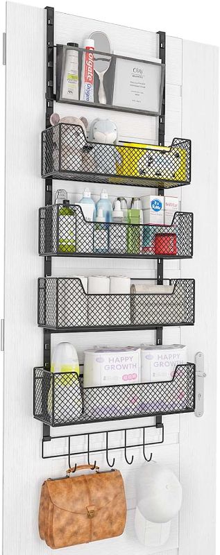 Photo 1 of Adjustable Over The Door Organizer, Hanging Door Storage with 4 Metal Baskets and PVC Pocket Wall Mount, Strong Load-Bearing Behind Door Organizer for Bathroom Bedroom Closet Pantry Cabinet, Black 