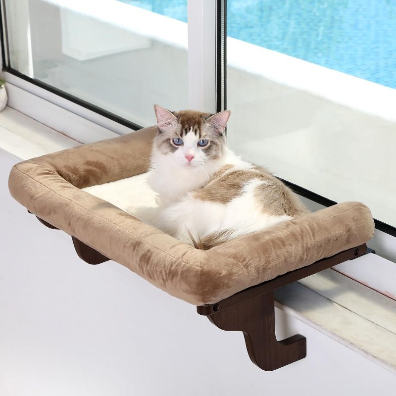 Photo 1 of \Cat Perch for Window Sill with Bolster - Orthopedic Hammock Design with Premium Hardwood & Robust Metal Frame - Cat Window Seat for Large Cats and Kittens - Dark Stained Wood with Brown Bed
