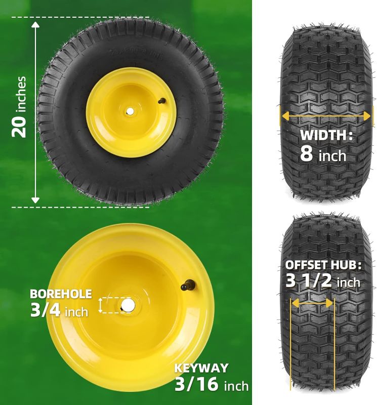 Photo 1 of (2-Pack) 20x8.00-8 Rear Tire and Wheel Assemblies - 4 Ply Tubeless Tire Compatible Replacement for Riding Lawn Mowers - 3/4" Borehole, 3.5" Offset...
