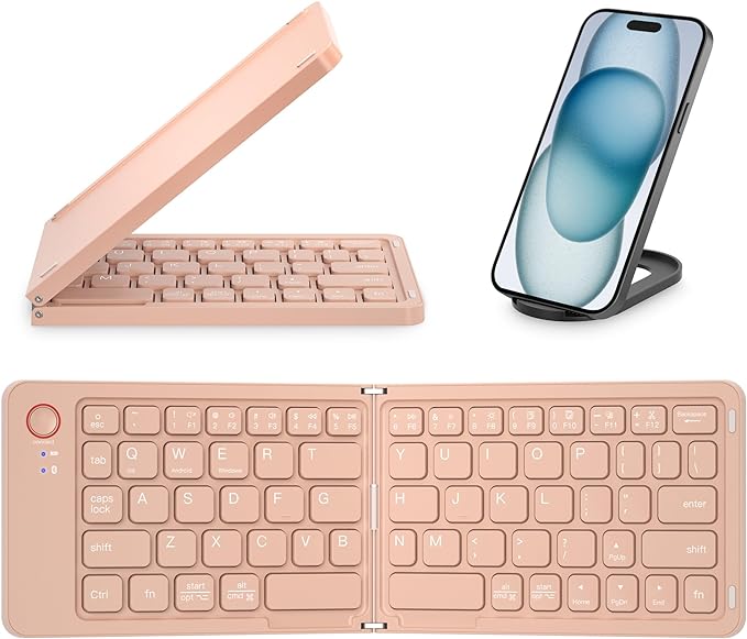 Photo 1 of Mini Foldable Bluetooth Keyboard - Portable Wireless Full Size Keyboard (Sync Up to 3 Devices), Ultra-Slim Aluminum Travel Folding Keyboard for iPhone iPad Mac Android Windows iOS (Pink)