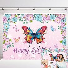 Photo 1 of Colorful Butterfly Birthday Backdrop Butterfly Flower Princess Birthday Party Decoration Spring Butterfly Baby Shower Girl Party Cake Table Decor (7x5FT)
