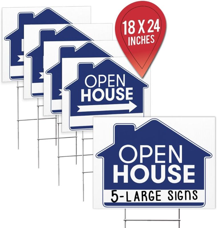 Photo 1 of Open House Real Estate Signs - 18" x 24" Double Sided Yard Sign Pack & 5 H-Wire Stakes - Realtor Agent Supplies Large Directional Arrows (Pixelverse Design)
