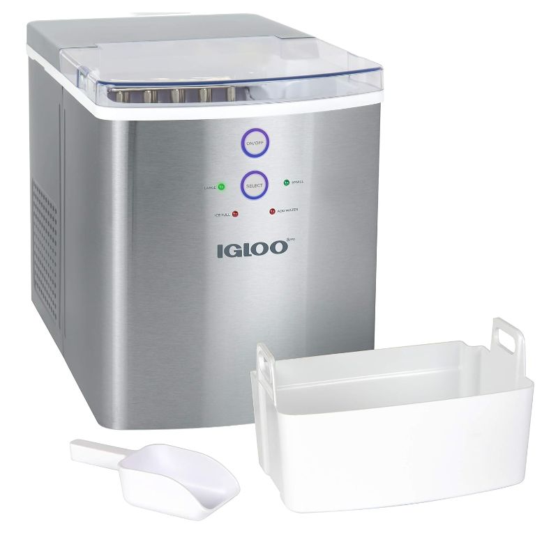Photo 1 of Igloo Electric Countertop Ice Maker Machine - Automatic and Portable - 33 Pounds in 24 Hours - Ice Cube Maker - Ice Scoop and Basket - Ideal for Iced Coffee and Cocktails - Stainless Steel

