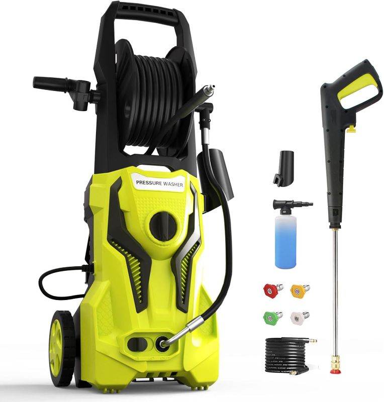 Photo 1 of Electric Pressure Washer - 4500 PSI 3.2 GPM Power Washer Electric Powered with 25 FT Hose Reel 4 Interchangeable Nozzle & Foam Cannon, for Cars, PatiosYELLOW-BLACK
