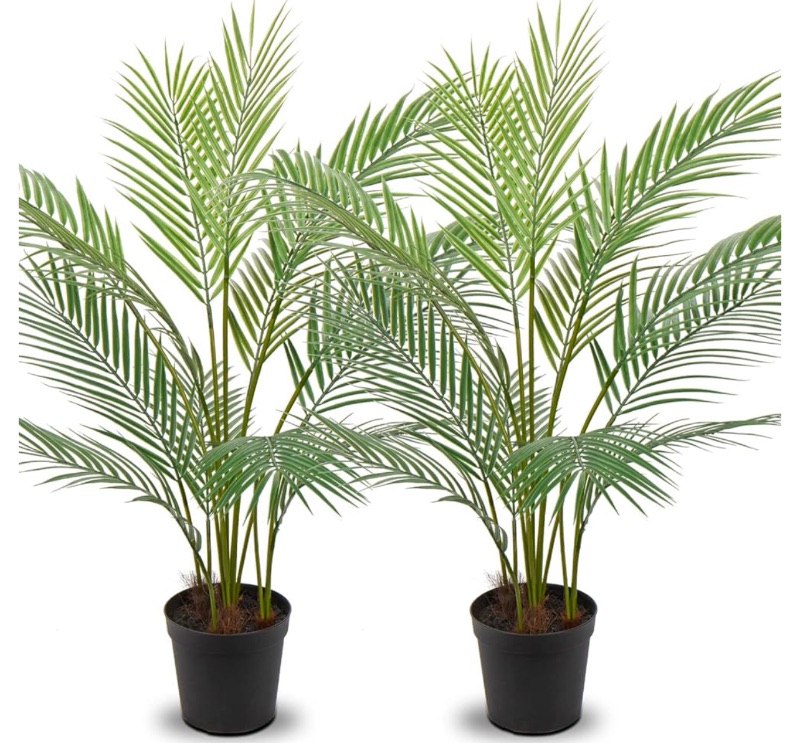 Photo 1 of 30" Artificial Palm Trees for Outdoors Indoor Decor, 2 Pack Artificial Areca Palm Plant Lifelike Plastic Leaves, Tall Fake Tropical Palm Tree with 13 Trunks, 2.5ft Faux Tree Large Plants in Pot