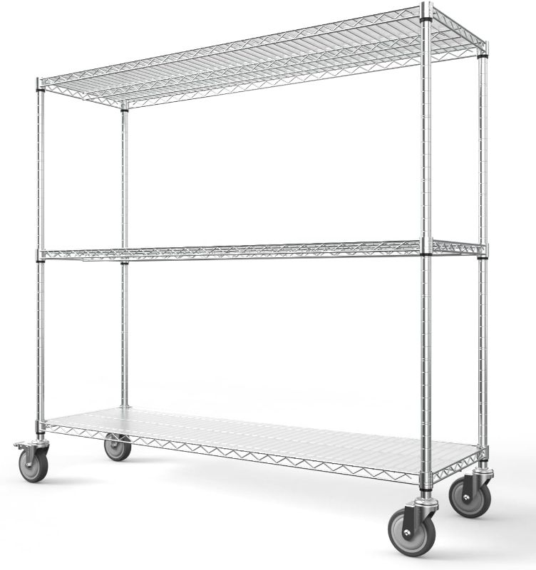 Photo 1 of 3 Tier NSF Wire Shelf Shelving Unit, 18 x 48 x 54 Inch 3000lbs Capacity Heavy Duty Adjustable Storage Rack with 5in Wheels/Leveling Feet and Shelf Liners , Ideal for Garage, Kitchen, Office - Chrome
