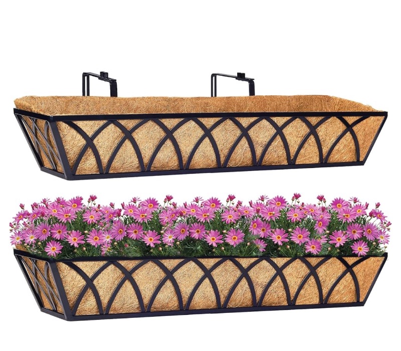 Photo 1 of 30 Inch Window Deck with Coco Liner Set of 2, 24" Window Boxes Horse Trough with Coconut Coir Liner,Metal Hanging Flower Planter Window Basket Deck Railing Planter Boxes for Outdoor Indoor Lawn