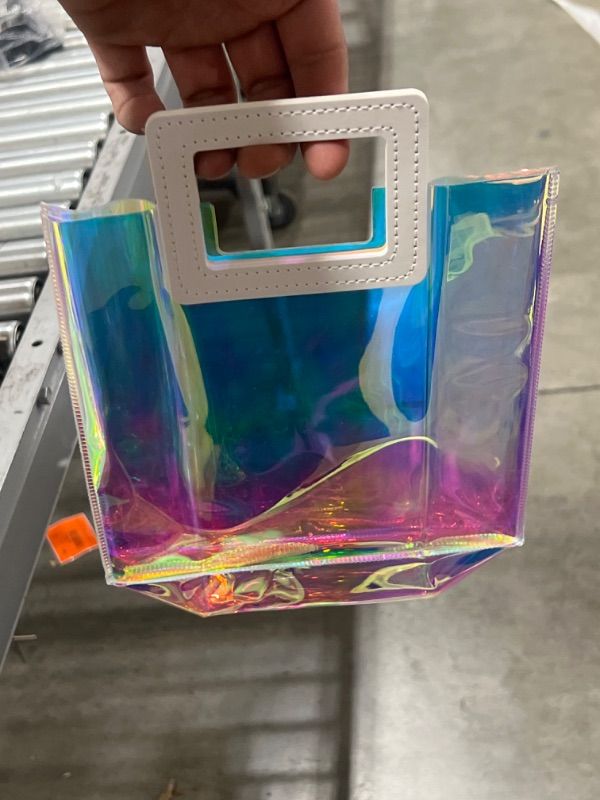 Photo 1 of Holographic Tote Bags Iridescent Reusable Gift Bag with Handles PVC Gift Wrap Bags for Party Birthday Wedding Baby Shower Bridal Valentine's Day Holiday Graduation Shopping Travel