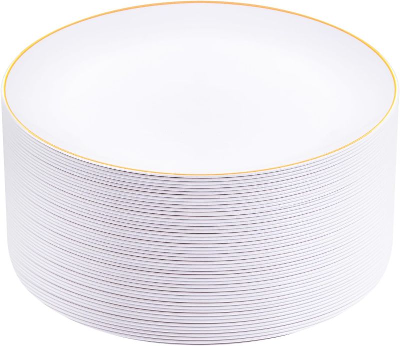 Photo 1 of 100Pcs Gold Plastic Plates - 9 Inch White Plastic Plates with Gold Rim - Gold Disposable Plates - Dinner Plates Disposable Perfect include 50 Plastic Plates for Party&Weeding&Birthday
