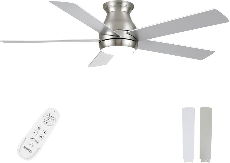 Photo 1 of 52 Inch Low Profile Ceiling Fans With Lights and Remote, Flush Mount Modern Ceiling Fan, 3CCT Dimmable DC Ceiling Fan for Bedroom, Living Room, Brushed Nickel
