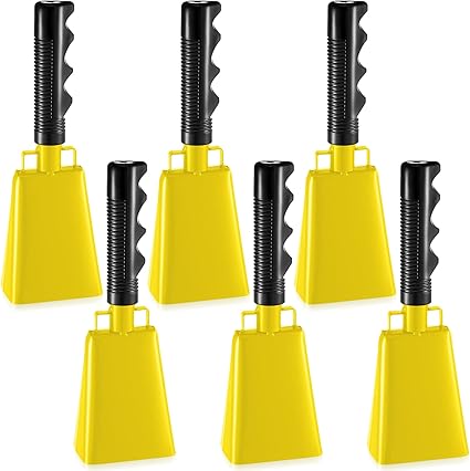 Photo 1 of 6 Pcs Cow Bell with Handle Cow Bells Noise Makers Cheering Bell for Graduation Solid School Bells Football Cowbell Hand Instrument Bells for Sporting Event Football Game, Yellow (8.8 Inch)
