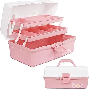 Photo 1 of 12in Three-Layer Multipurpose Storage Box Organizer Folding Tool Box/Art & Crafts Case/Sewing Supplies Organizer/Medicine Box/Family First Aid Box with 2 Trays (White Pink)
