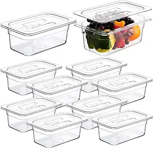 Photo 1 of 10 Pack Clear Food Pans with Lid Acrylic Transparent Food Pan Stackable Plastic Pan with Capacity Indicator Food Storage Containers Restaurant Supplies Hotel Pan for Fruits Vegetables (6 Inch High)