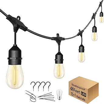 Photo 1 of 48FT Outdoor String Lights LED Heavy-Duty Waterproof Patio Lights with 16 Shatterproof Plastic 2200K Warm White Bulbs for Patio Gazebo Pergola Cafe Market Bistro Lights
