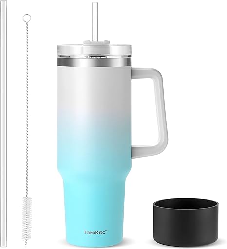 Photo 1 of 40 oz Tumbler with Handle | Stainless Steel Insulated Travel Mug with Lids and Straw | Iced Coffee Cup | Keeps Cold for 34 Hours | Dishwasher Safe, BPA Free | Clear Sky
