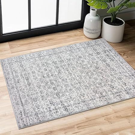 Photo 1 of 2x3 Washable Rug Grey Small Area Rug for Entryway Soft Non-Slip Indoor Outdoor Rugs Distressed Floral Low-Pile Doormat, Neutral Vintage Carpet for Dorm Entrance Bedside Farmhouse