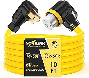 Photo 1 of 10 Feet 50 Amp RV/Generator Cord, UL Listed, Locking Connector, NEMA 14-50P to SS2-50R Twist Locking, Newly Designed 90°Grip Handle, 6/3+8/1 Gauge STW Wire
