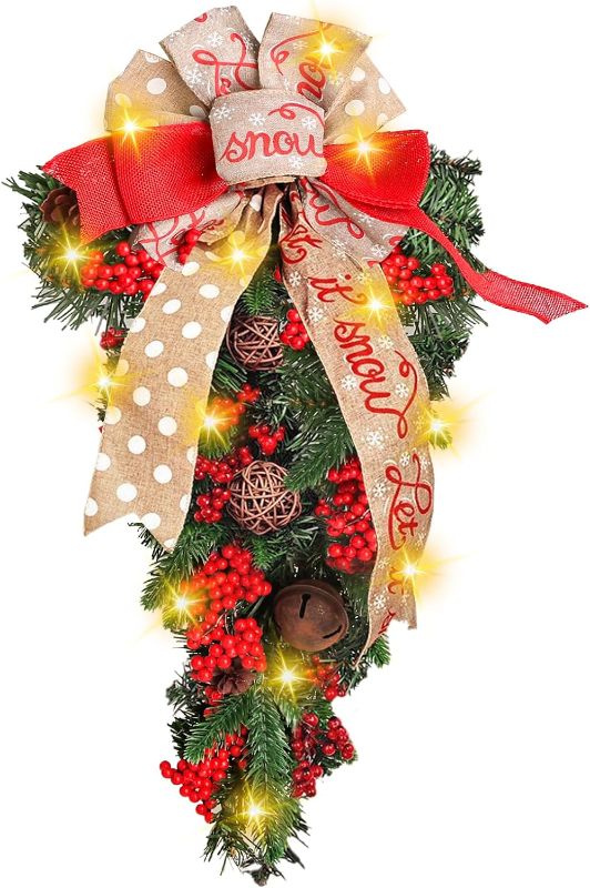 Photo 1 of 24 inch Christmas Teardrop Swag Large Christmas Wreath,Wreath with Bow,Bell,Red Berries,Artificial Swag for Staircase,Entryway,Door,Window Xmas Decor,Christmas Decorations for Indoor and Outdoor