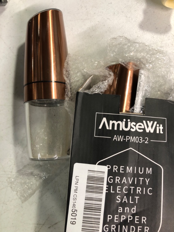 Photo 2 of AmuseWit Gravity Electric Pepper and Salt Grinder Set [White Light] Battery Operated Automatic Pepper and Salt Mills with Light,Adjustable Coarseness,One Handed Operation,Copper