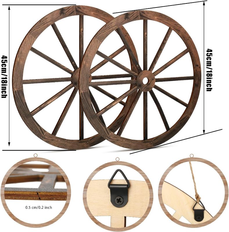 Photo 1 of 2 Pcs Wagon Wheel Decor Wooden Western Cowboy Party Decorations Vintage Rustic Wagon Wheel Wood Cartwheel Decor for Bar Garage Indoor Outdoor (Brown,18 Inch