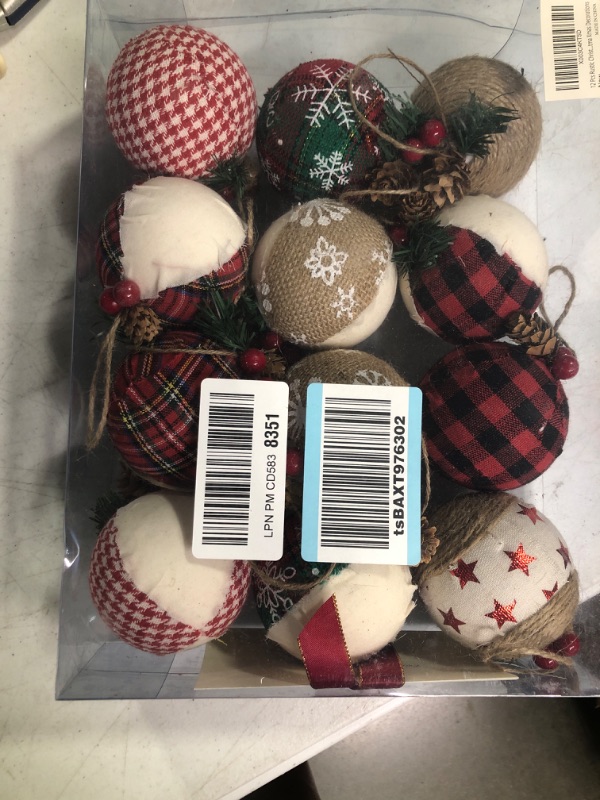 Photo 2 of 12 Pcs Burlap Christmas Ball Ornaments, 3.15 Inches Rustic Buffalo Plaid Christmas Tree Ornaments, Natural Jute Farmhouse Decorations for Xmas Tree, Holiday, Party